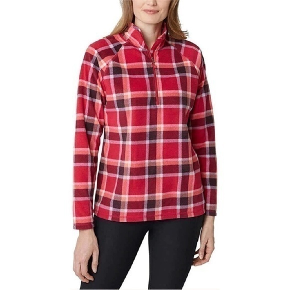 New Eddie Bauer 1/4 zip Plaid Fleece Pullover Top Sweatshirt Red Orange Size L